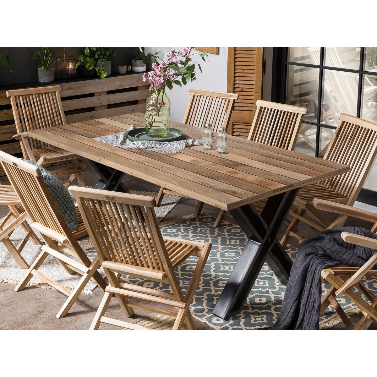 Eettentabel 200 x 100 x 77 cm | Tabel top 43 mm | Mango Nature | X metalen frame antiek zwart
