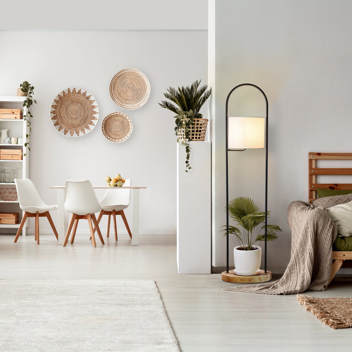 Vloerlamp acaciahout naturel/wit 153 cm