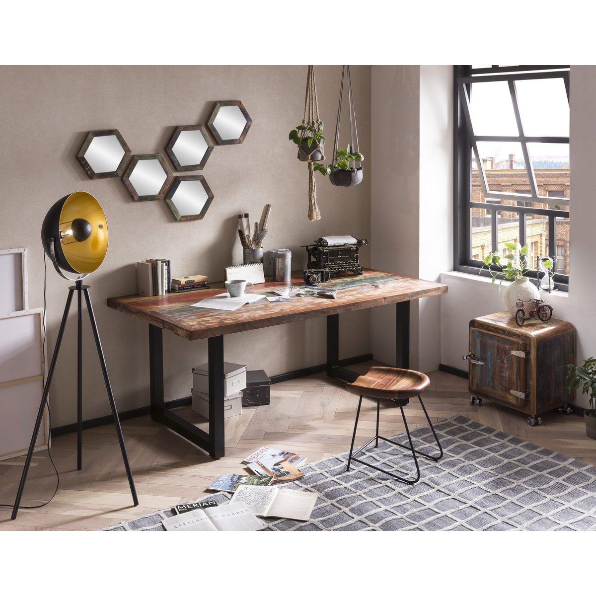 Tafel 200x100 cm, kleurrijk hergebruikt hout