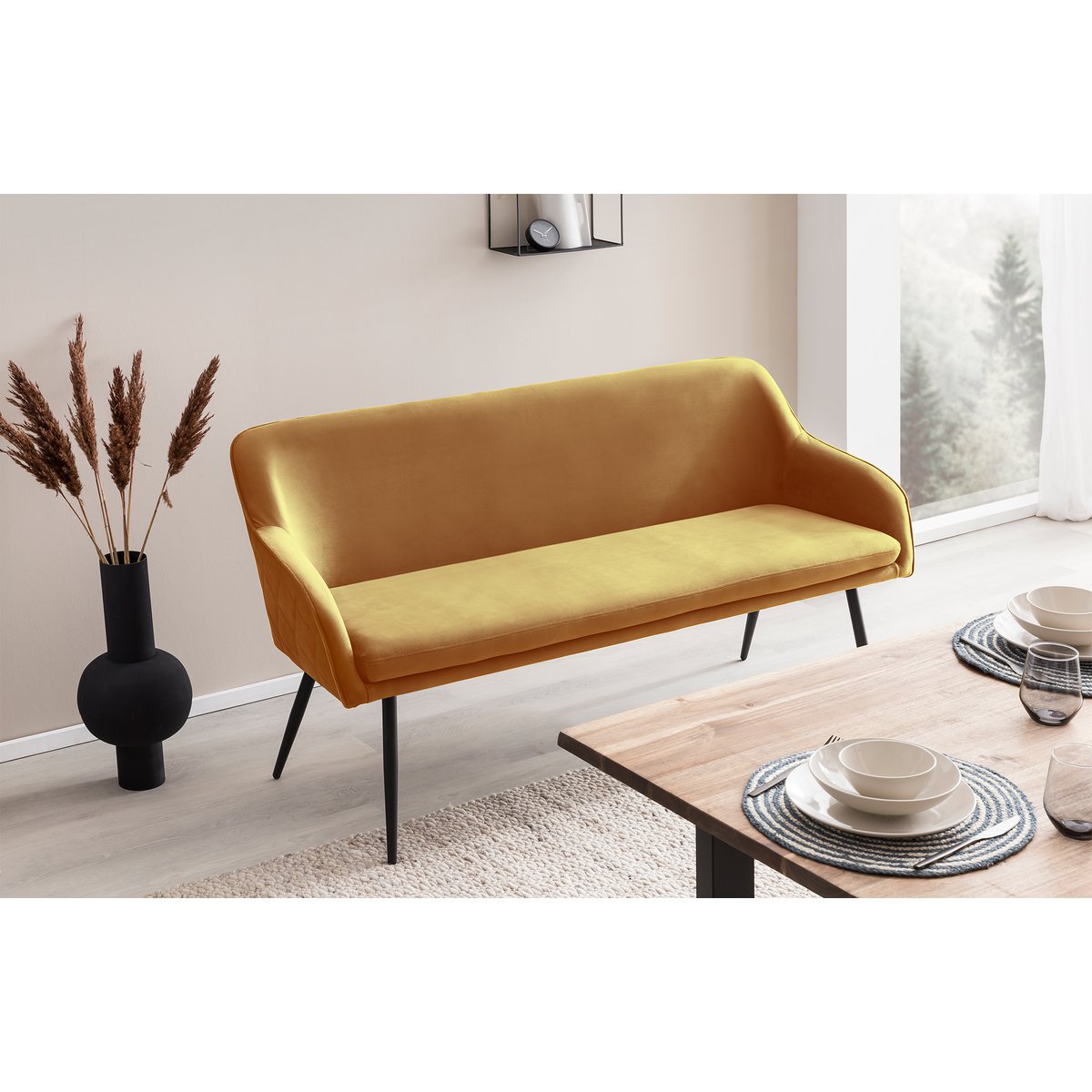 Bank 160 cm fluweel mosterdgeel