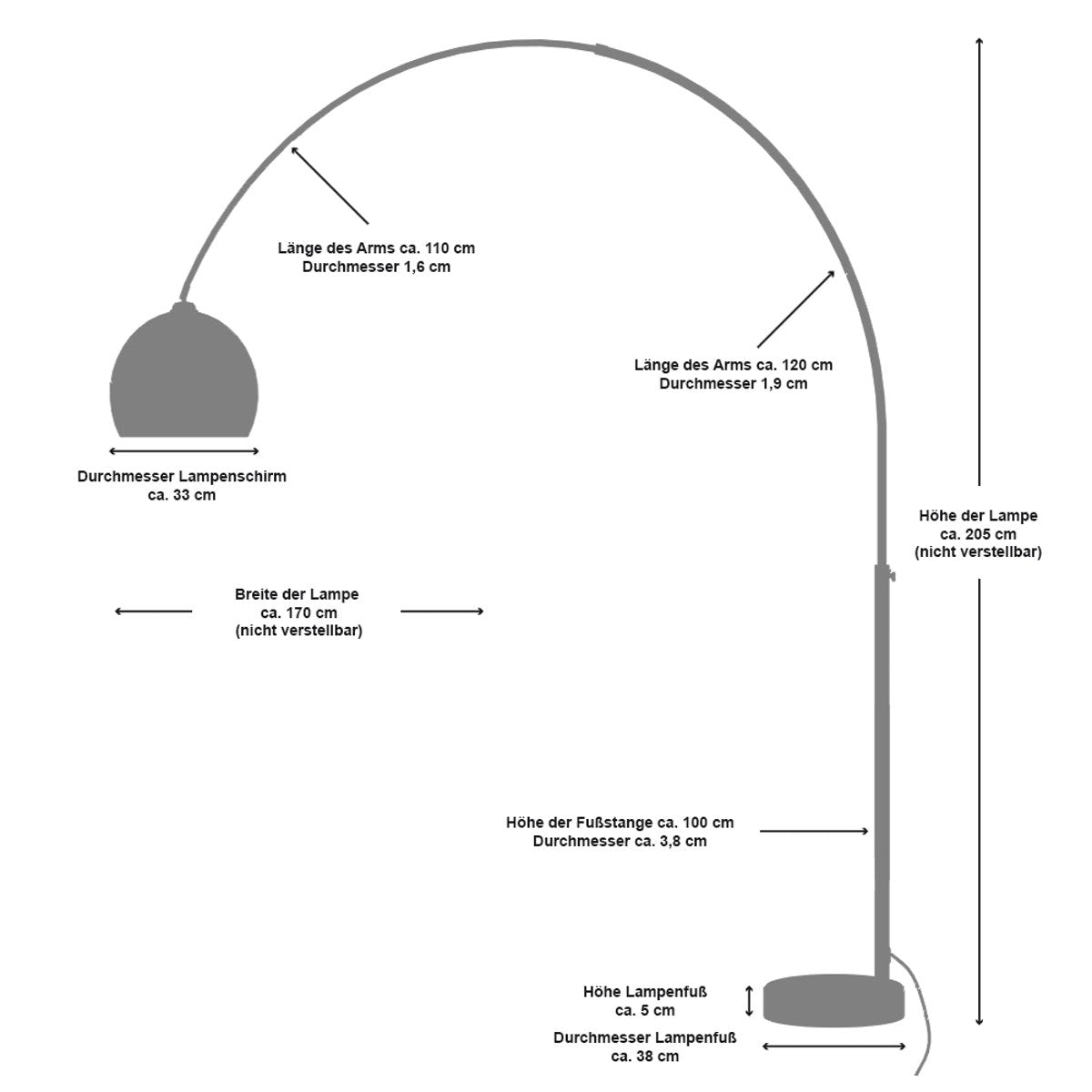 Booglamp 195 cm zwart