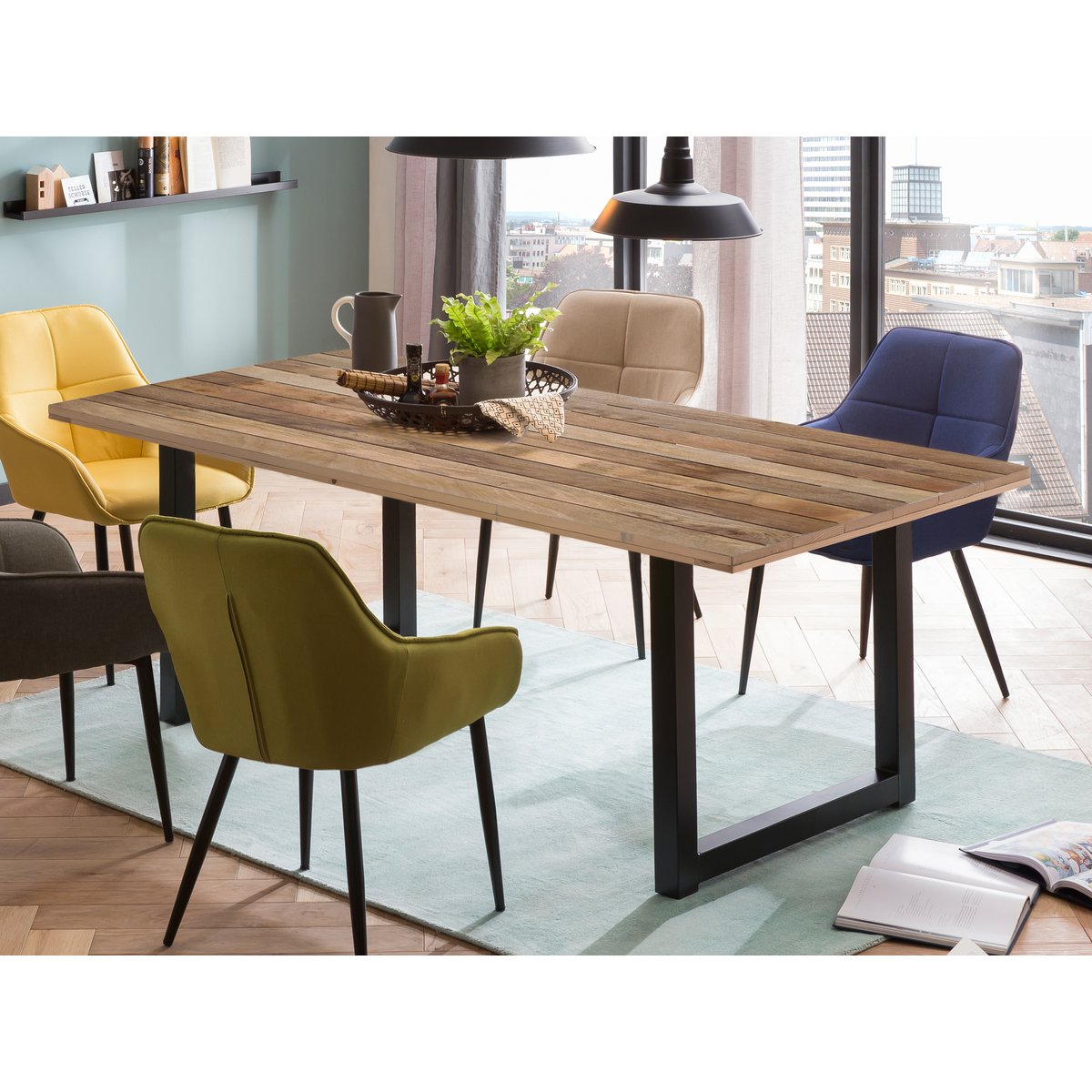 Eettentabel 220 x 100 x 77 cm | Tabel top 43 mm | Mango Nature | U-metaal frame antiek zwart