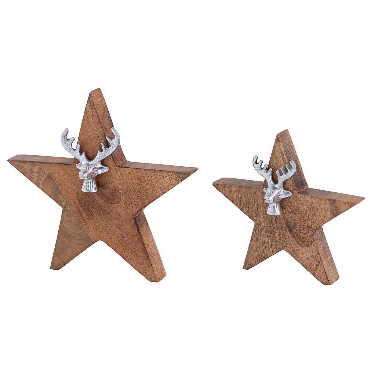 Houten figuur ster 2er set met hertenkop maat 25/19 cm met mango houten aluminium