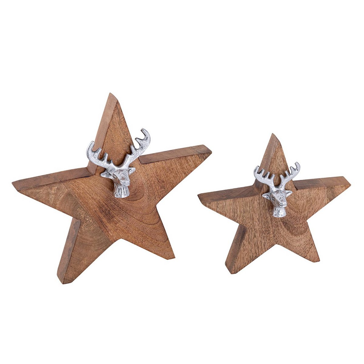 Houten figuur ster 2er set met hertenkop maat 25/19 cm met mango houten aluminium