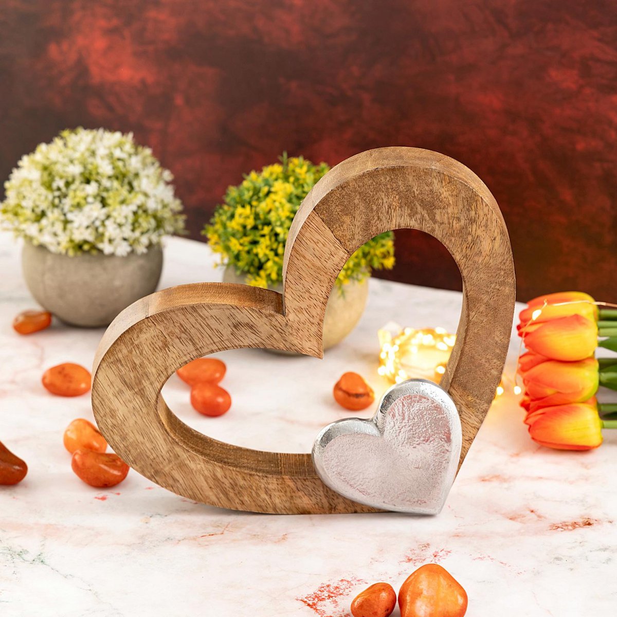 Deco Heart 27x21cm houten figuur mastbox 16-delige Herzilein mango-oude aluminium