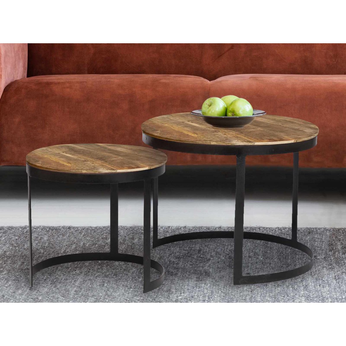 Salontafel set van 2 bijzettafel woonkamertafel rond Austin metalen frame antiek zilver of zwart