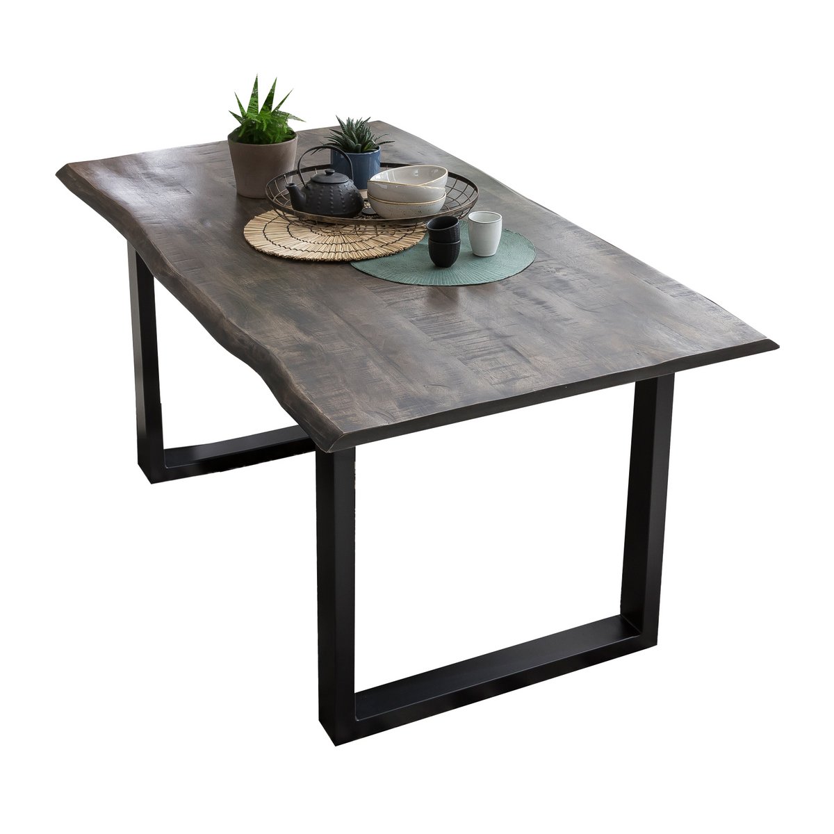 Tafel 160x85 cm, mangogrijs ruwgezaagd, zwart frame
