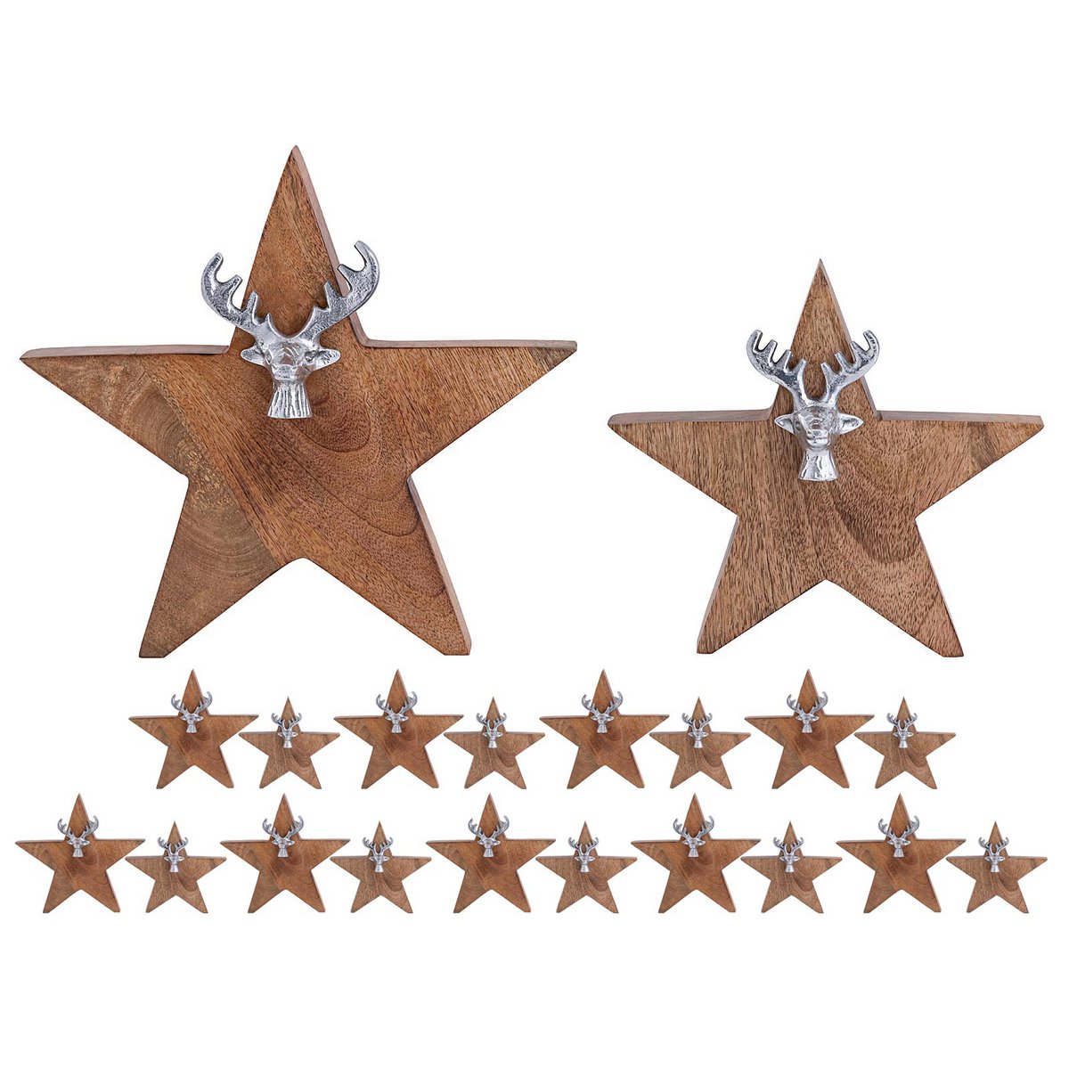 Houten figuur ster 2er set met hertenkop maat 25/19 cm master box 10-del display mango hout
