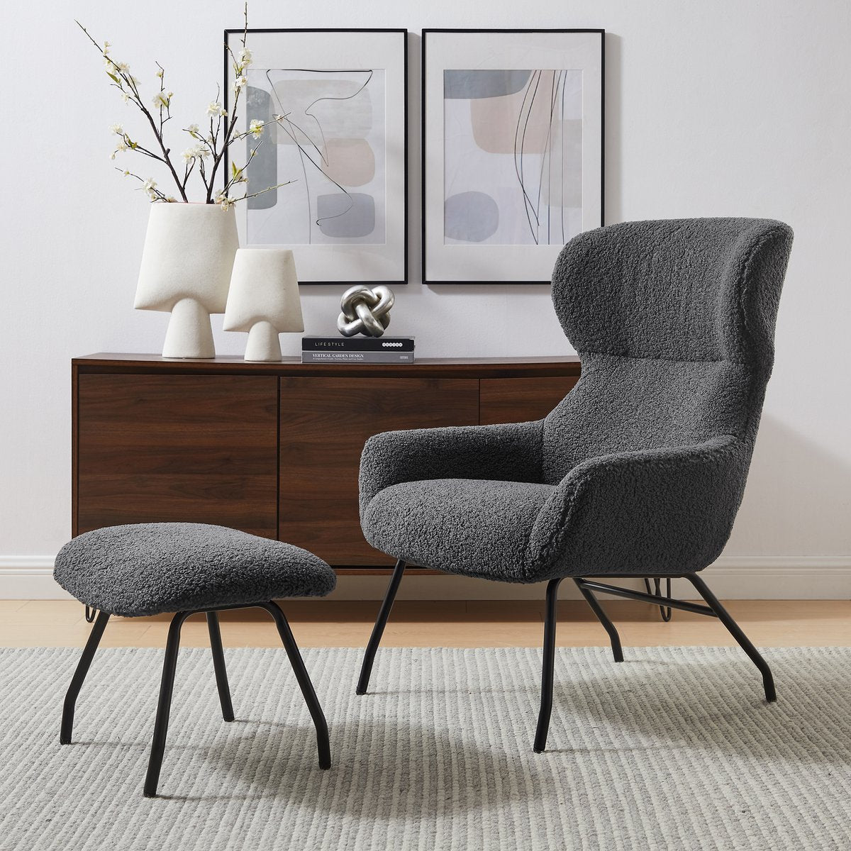 Fauteuil- en krukset teddybont antraciet