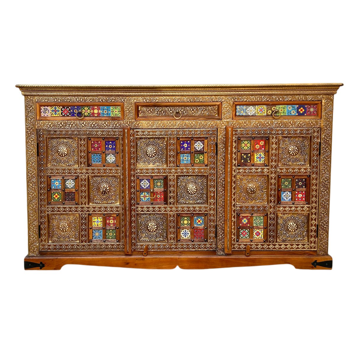 Dressoir, 3 deuren, 3 lades, acacia, metaal, kleurrijk