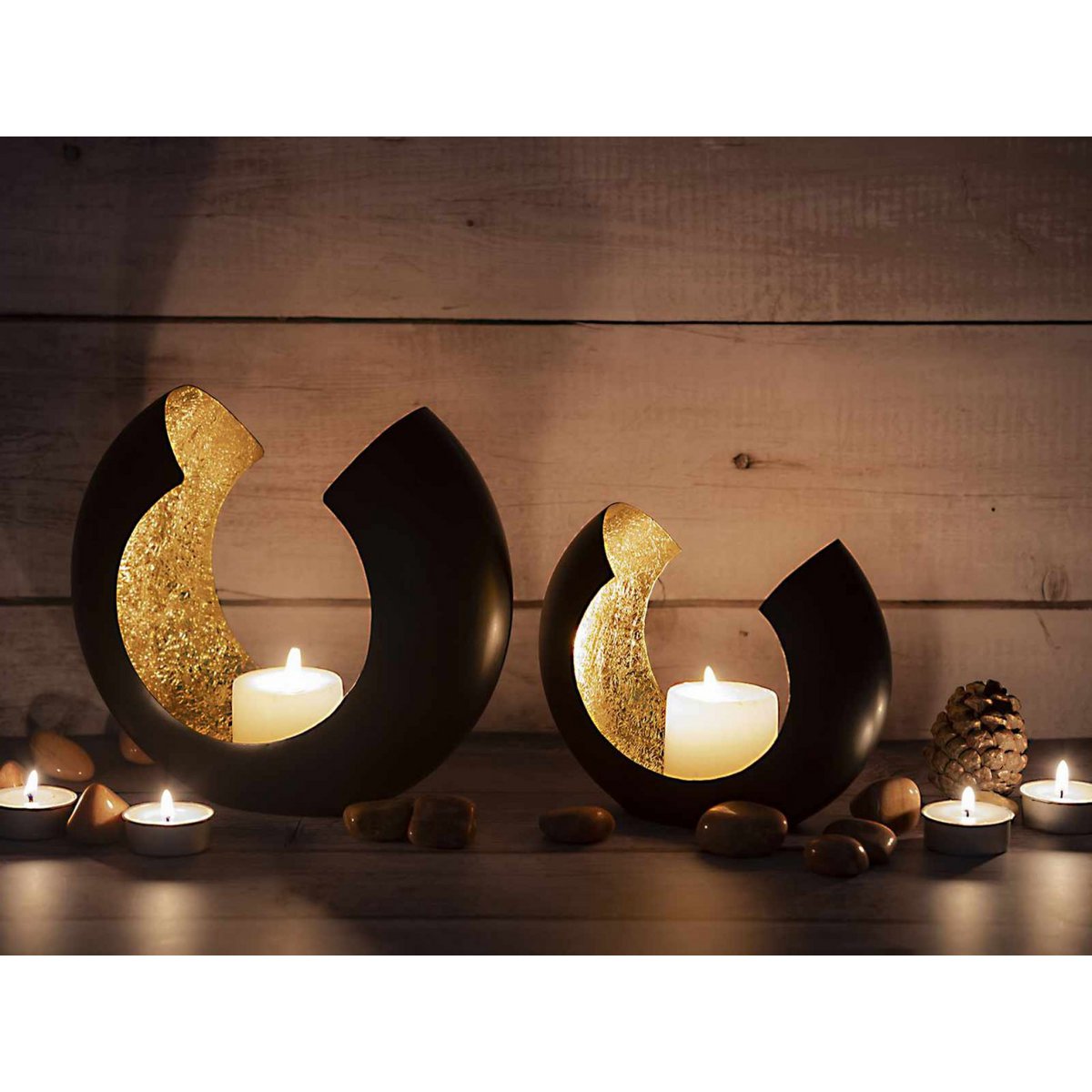 Tealight-houder set 2-delige kaarsenhouder kaarsenkandel Omega Black Matt Gilded Inside