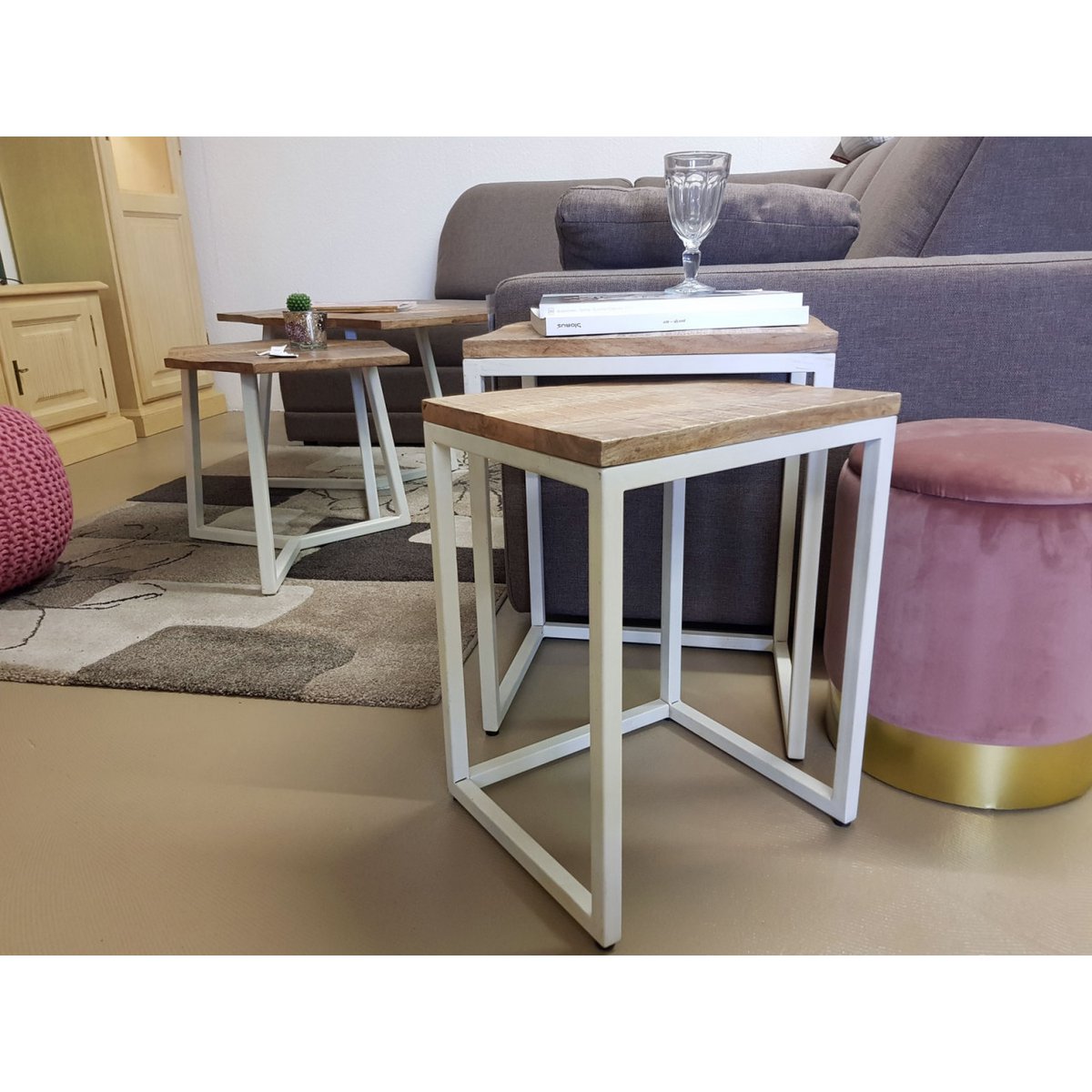Bijzettafel houten set tafel set 2 stuks woonkamer tafel salontafel dallas metalen frame