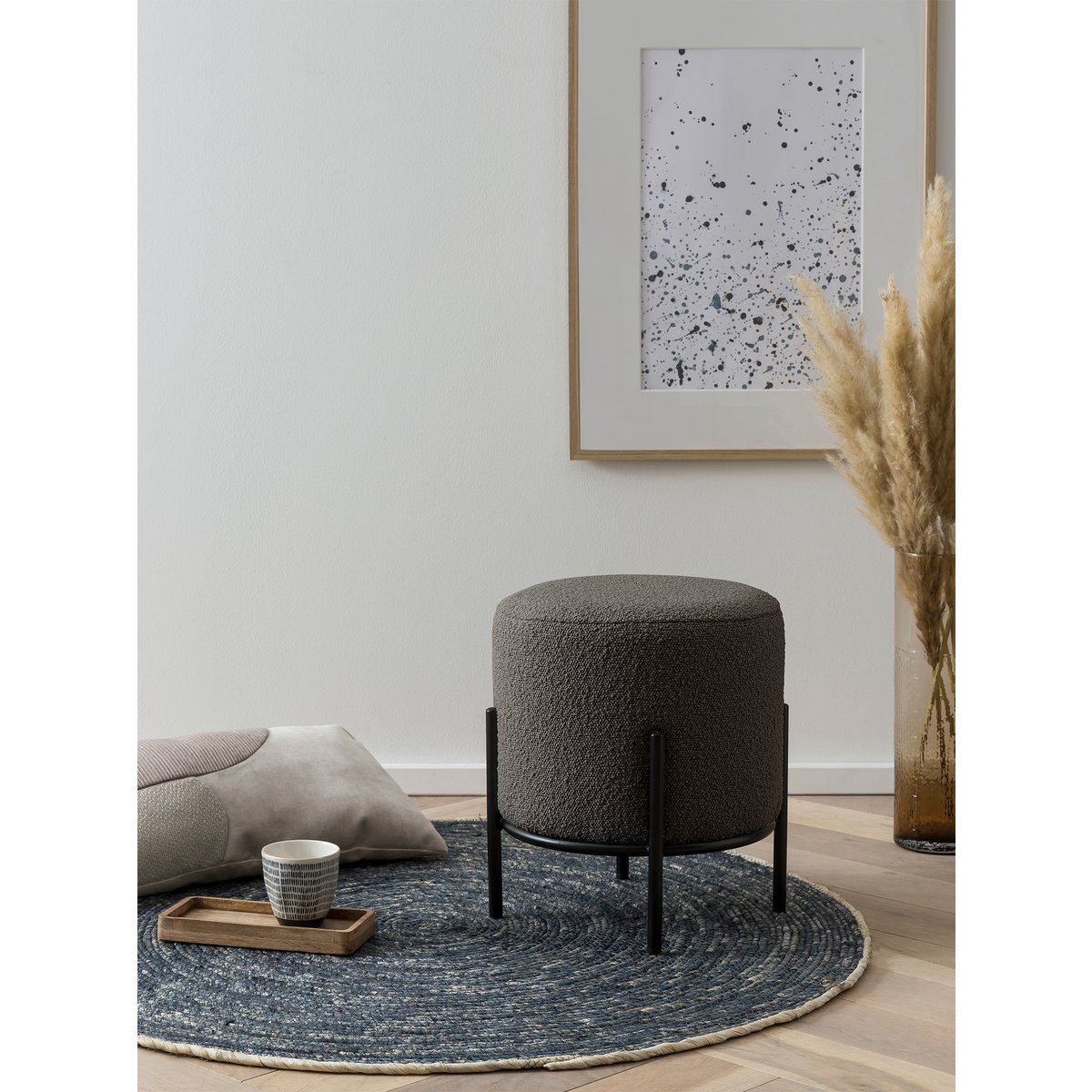 Polsterhocker Ø35 cm Bouclé Stoff Antraciet