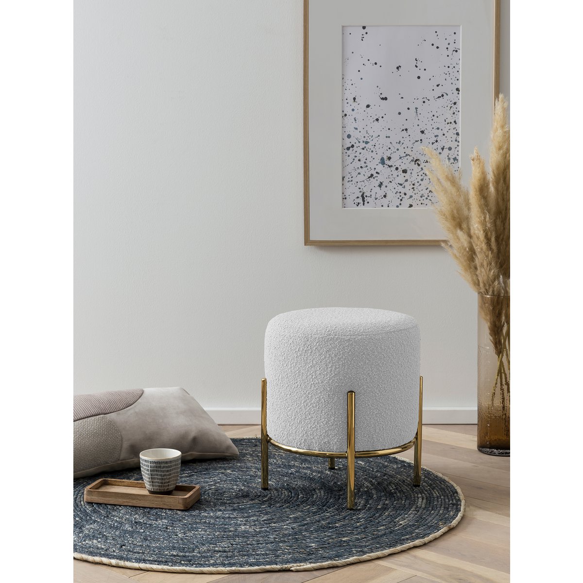 Gestoffeerde kruk Ø35 cm bouclé stof wit