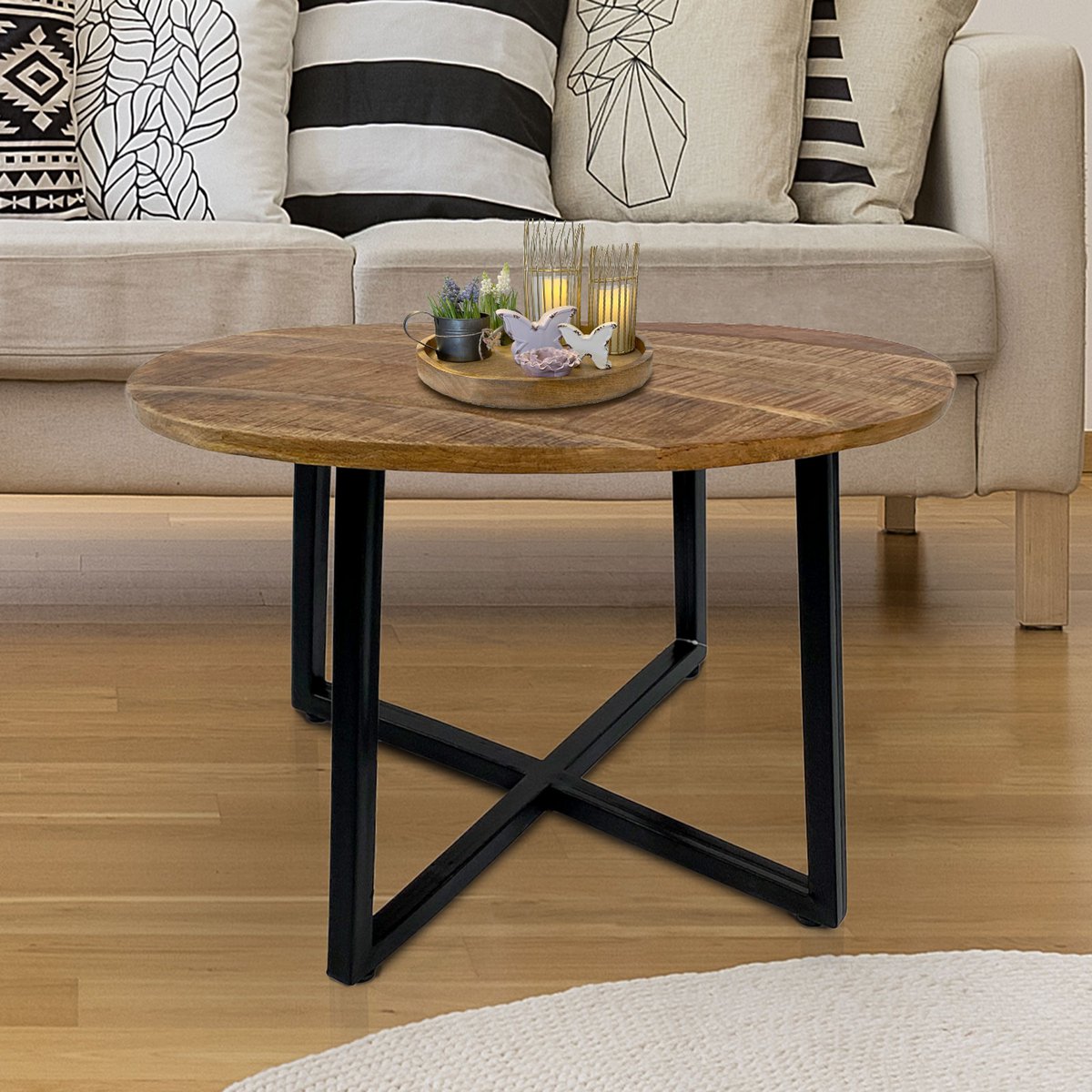 Salontafel rond 60 cm woonkamertafel bijzettafel Cannes metalen frame zwart wit antiek zilver
