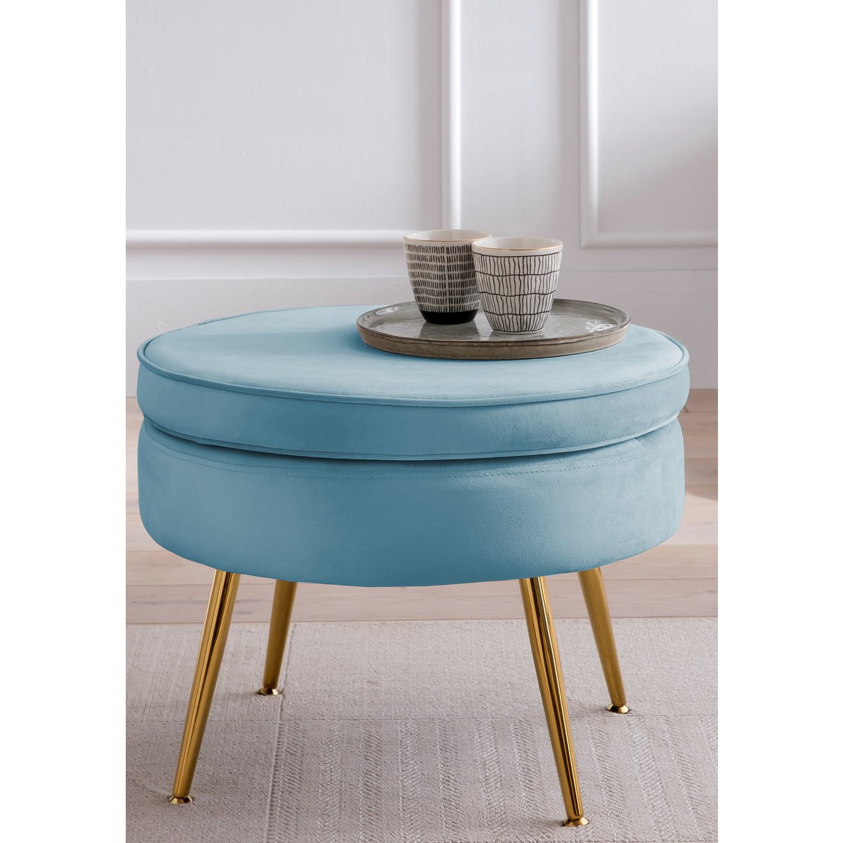 Ronde fluwelen poef blauw