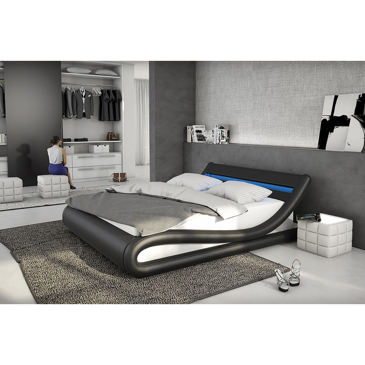 Gestoffeerd bed 180x200 cm LED zwart-wit kunstleerlook