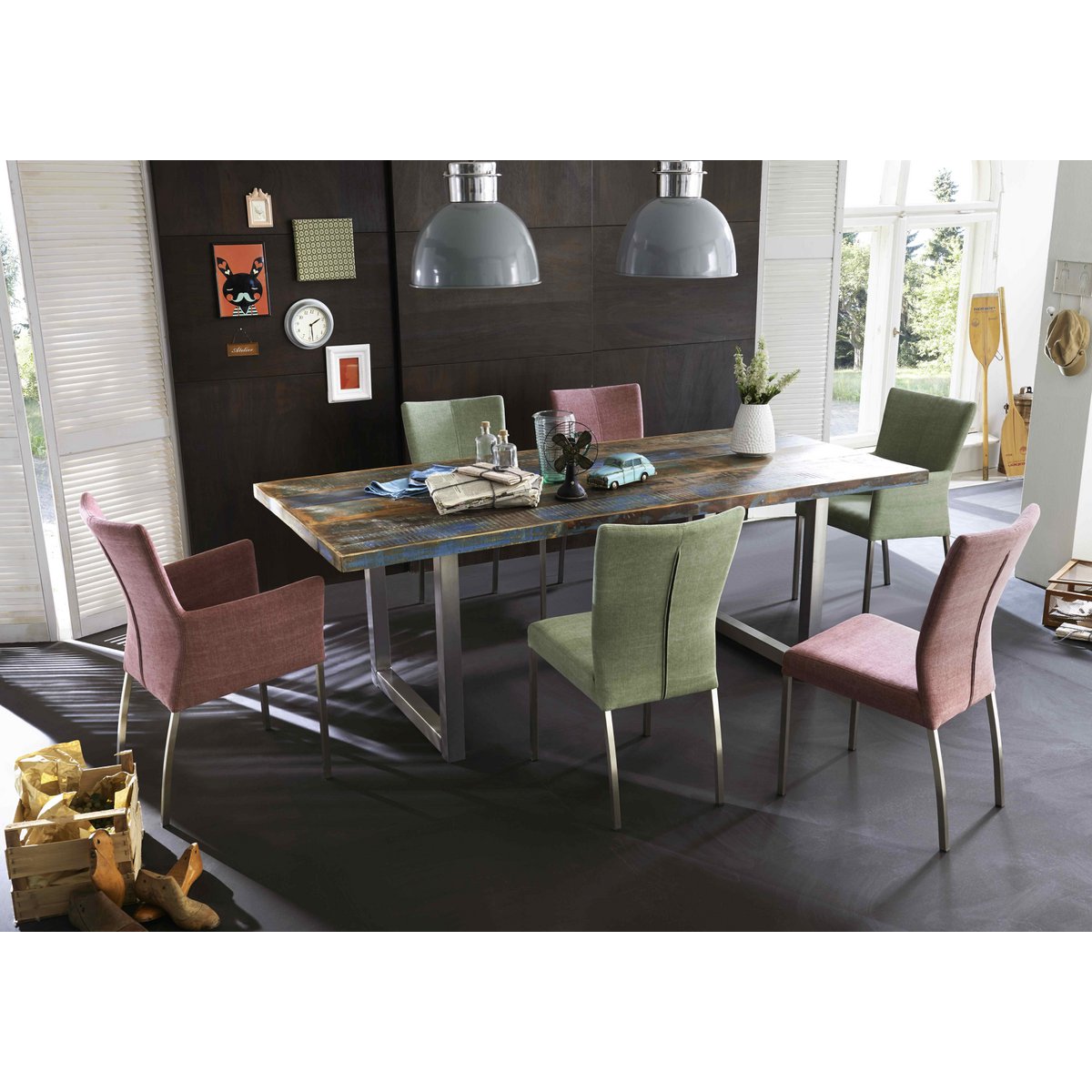 Tafel 240x100 cm, kleurrijk hergebruikt hout