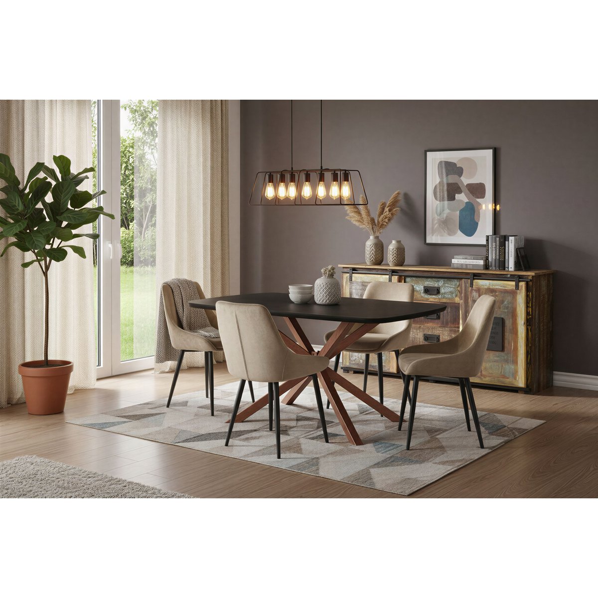 Eettafel 240x100 cm, Mango blad, stalen sterframe in antiekbruin