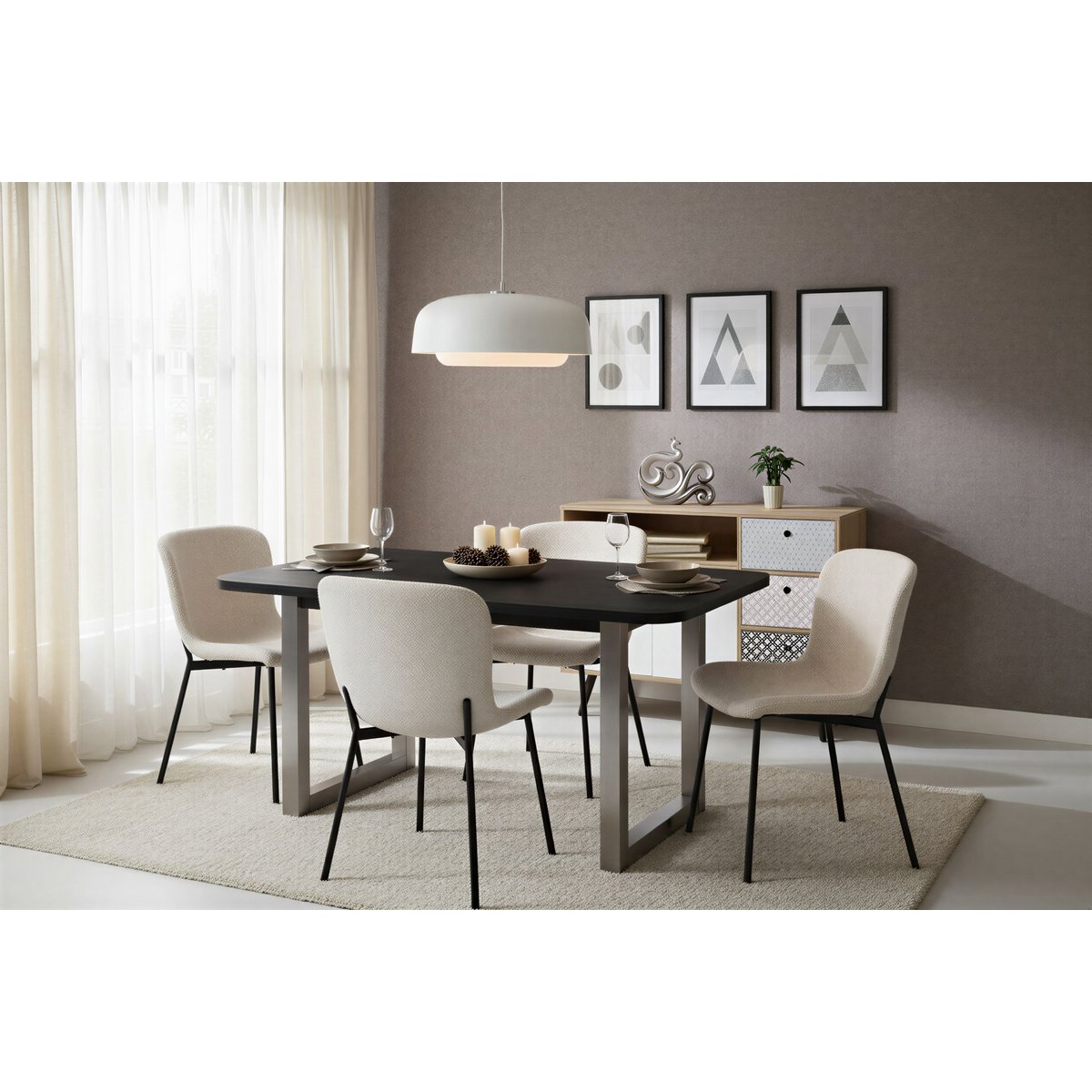 Eettafel 200x100 cm, 30 mm blad Mango zwart, stalen frame antiek zilver