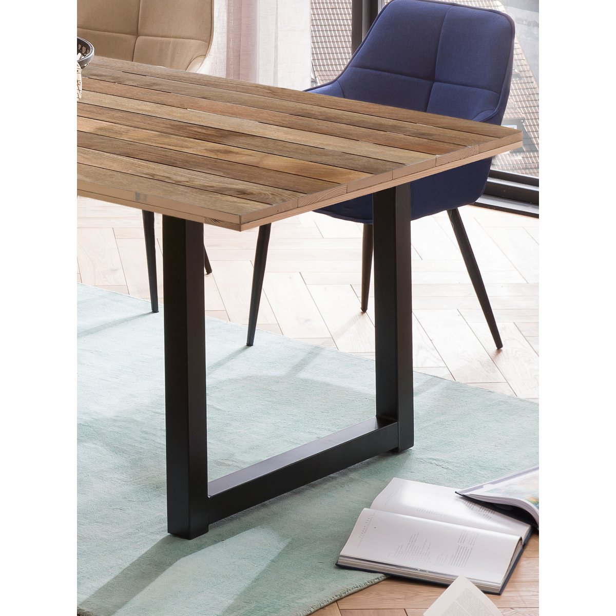 Eettafel 180 x 100 x 77 cm | Tabel top 43 mm | Mango Nature | U-metaal frame antiek zwart