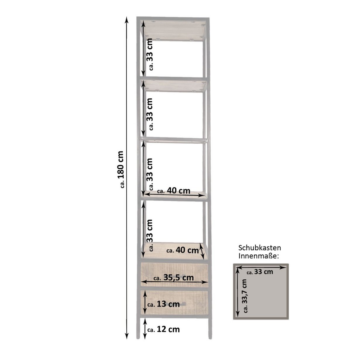 Boekenplank staande plank boekenplank 40x180x40 cm met lades Liverpool metalen frame zwart