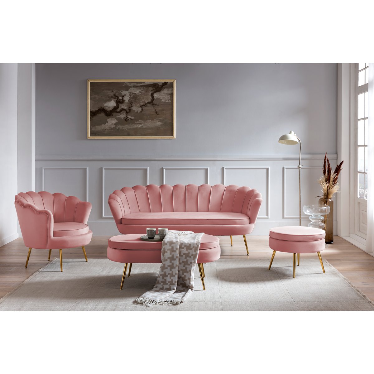 Ronde poef in roze fluweel