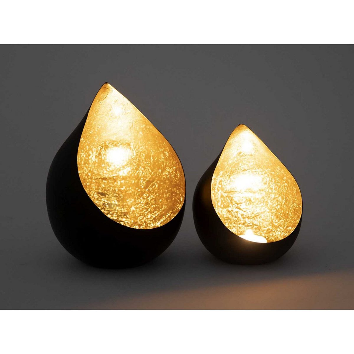 Tealight-houder set 2-delige romy kaarsenhouder drop-vorm zwarte mat vergulde binnenin