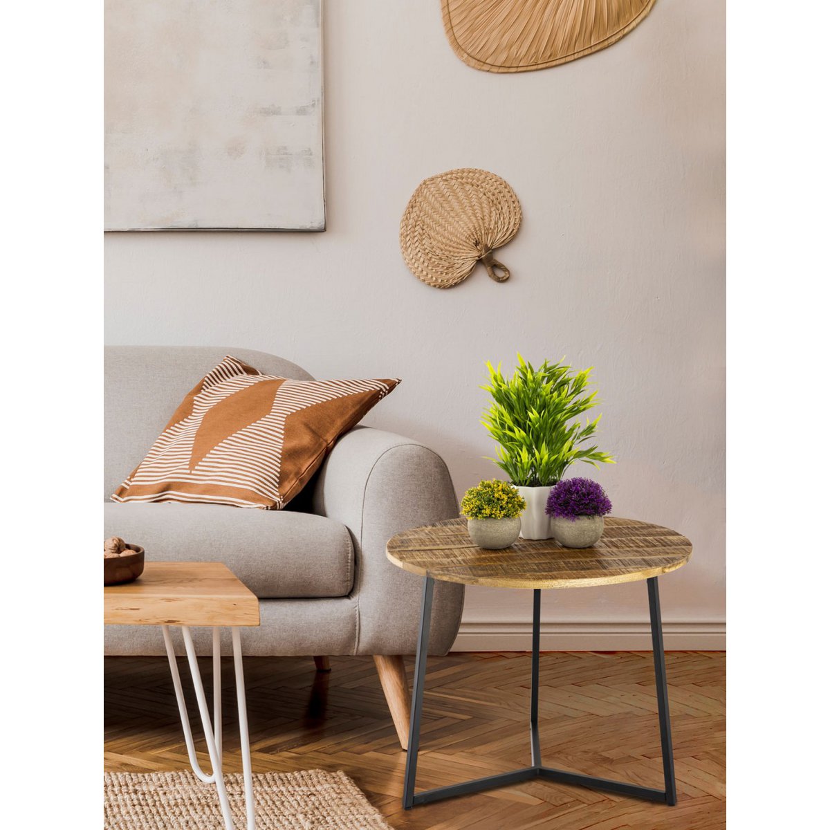 Salontafel ronde zijtafel vast hout Ø 56 cm woonkamer tafel la palma metalen frame zwart