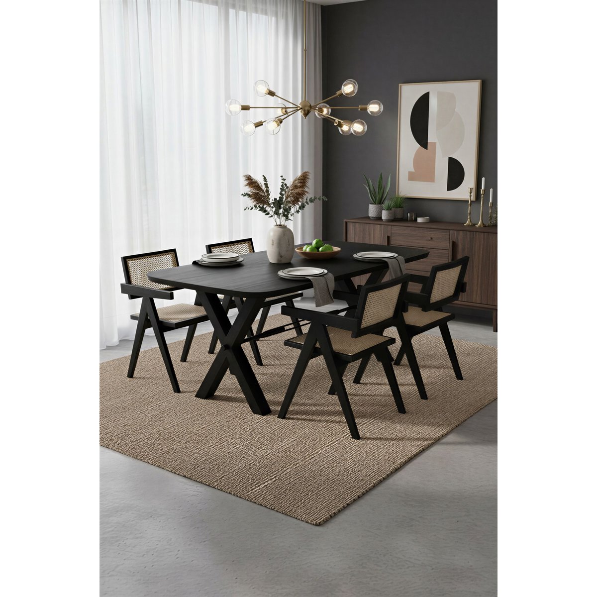 Eettafel 240x100 cm, 30 mm blad Mango zwart, X-stalen frame antiek zwart