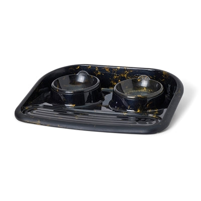 Savic Butler Voerbak En Drinkbak Met Plateau Marble Zwart / Goud 45X36X8 Cm 2X300 Ml
