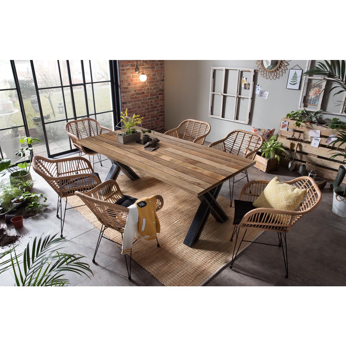 Eettafel 180 x 100 x 77 cm | Tabel top 43 mm | Mango Nature | X metalen frame antiek zwart