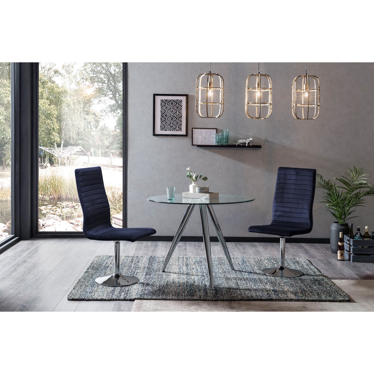 Ronde eettafel met glazen blad en chromen frame Ø100 cm