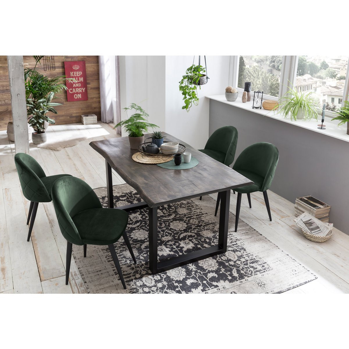 Tafel 160x85 cm, mangogrijs ruwgezaagd, zwart frame
