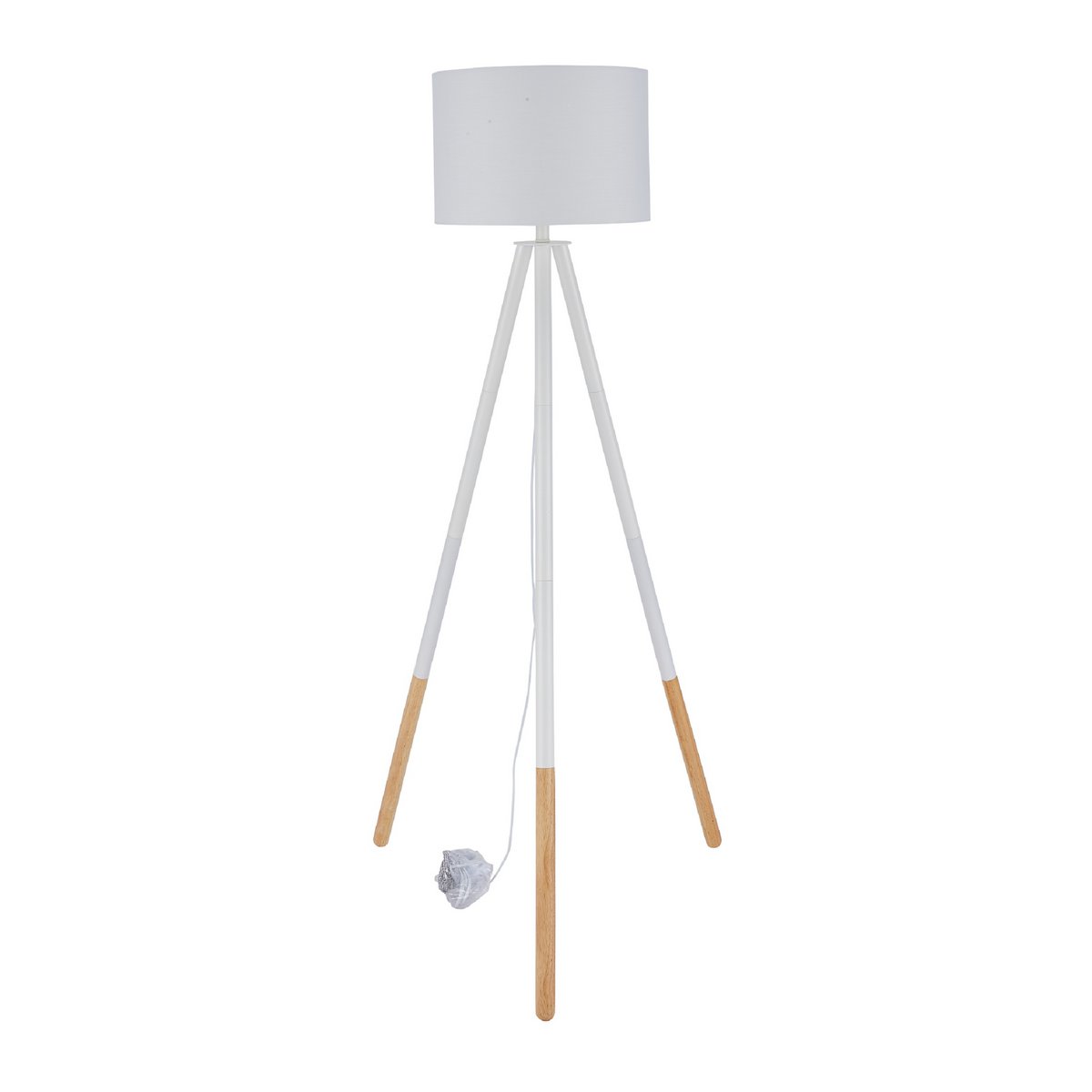 Staande lamp met houten frame en witte/natuurlijke stoffen kap