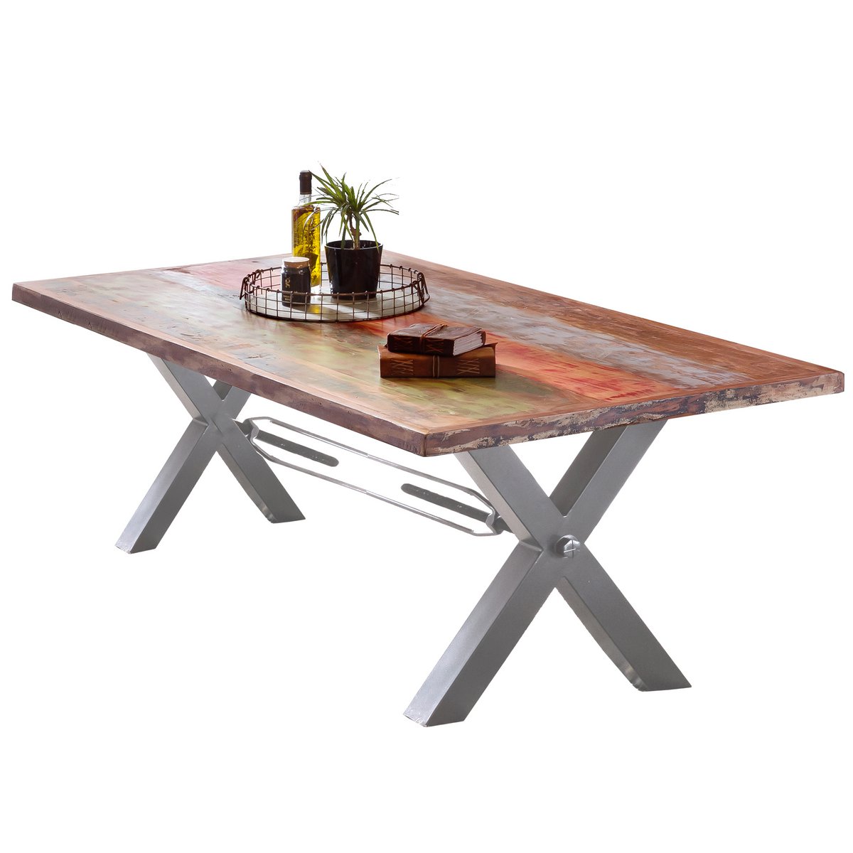 Tafel 220x100 cm, teruggewonnen hout geschilderd in felle kleuren