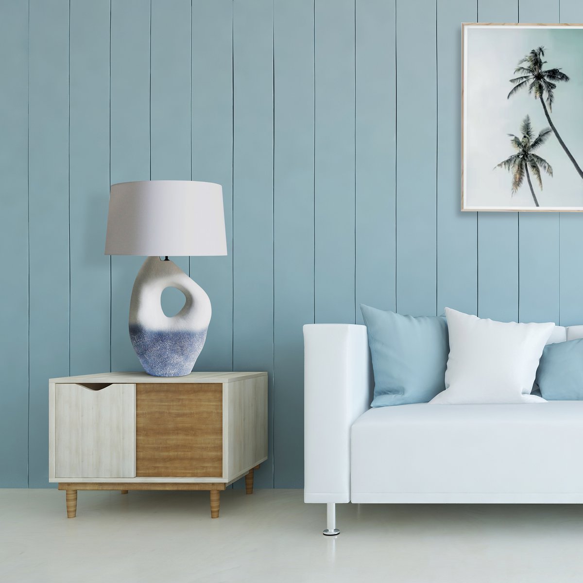 Tafellamp keramiek/linnen blauw/wit