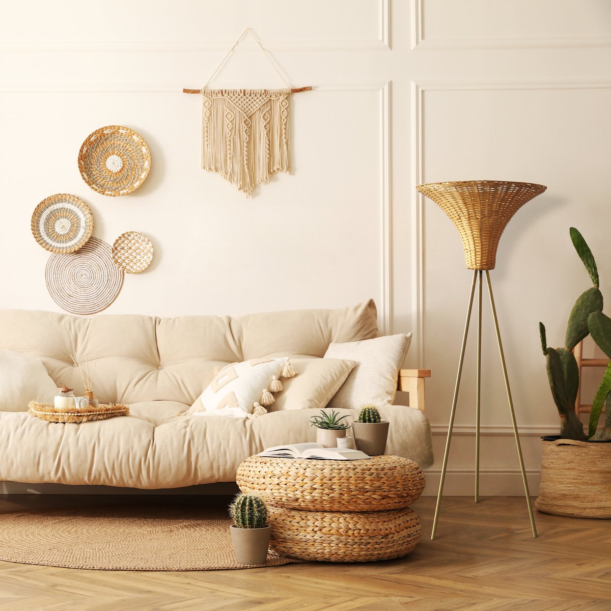 Staande lamp met gevlochten kap messing/naturel 150 cm