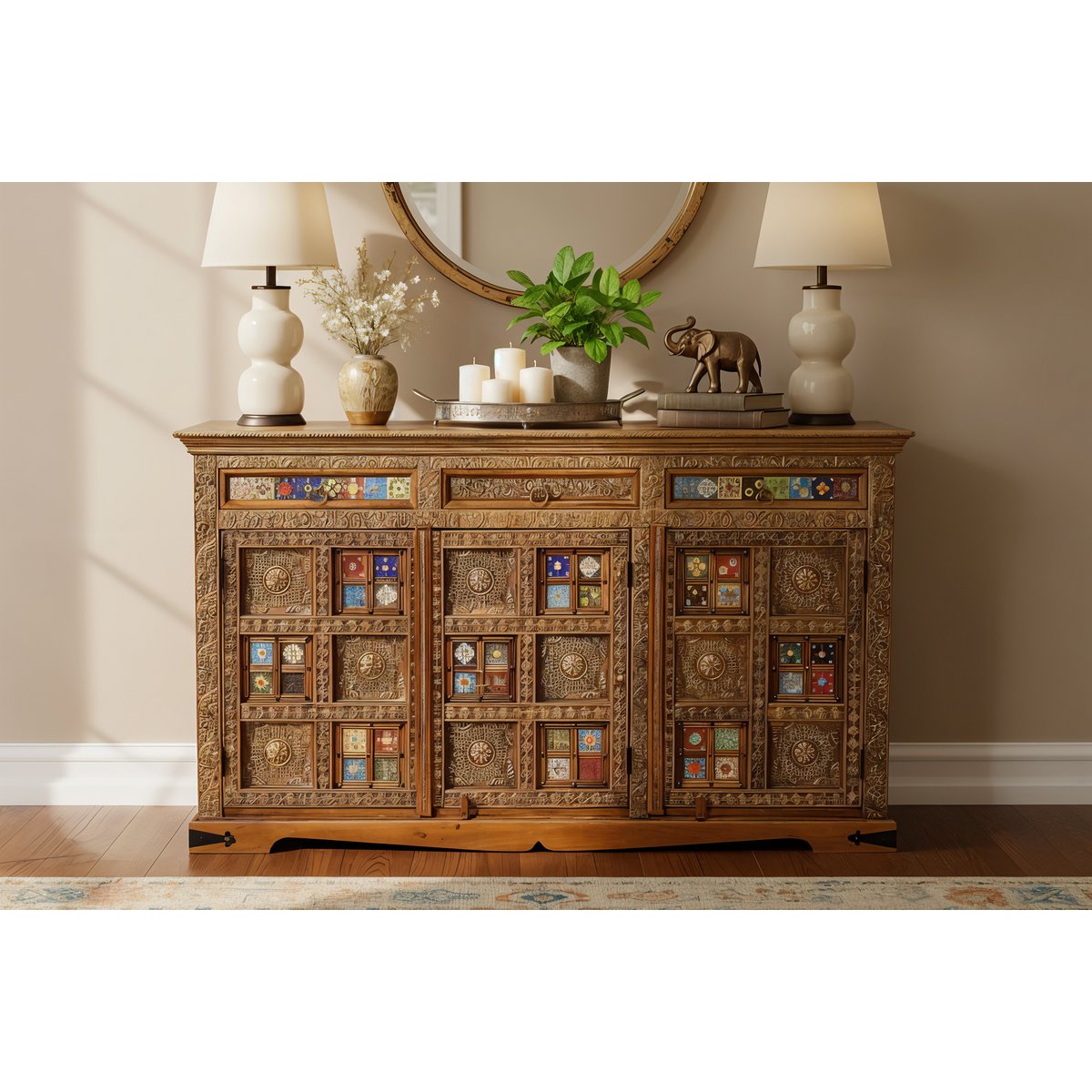 Dressoir, 3 deuren, 3 lades, acacia, metaal, kleurrijk