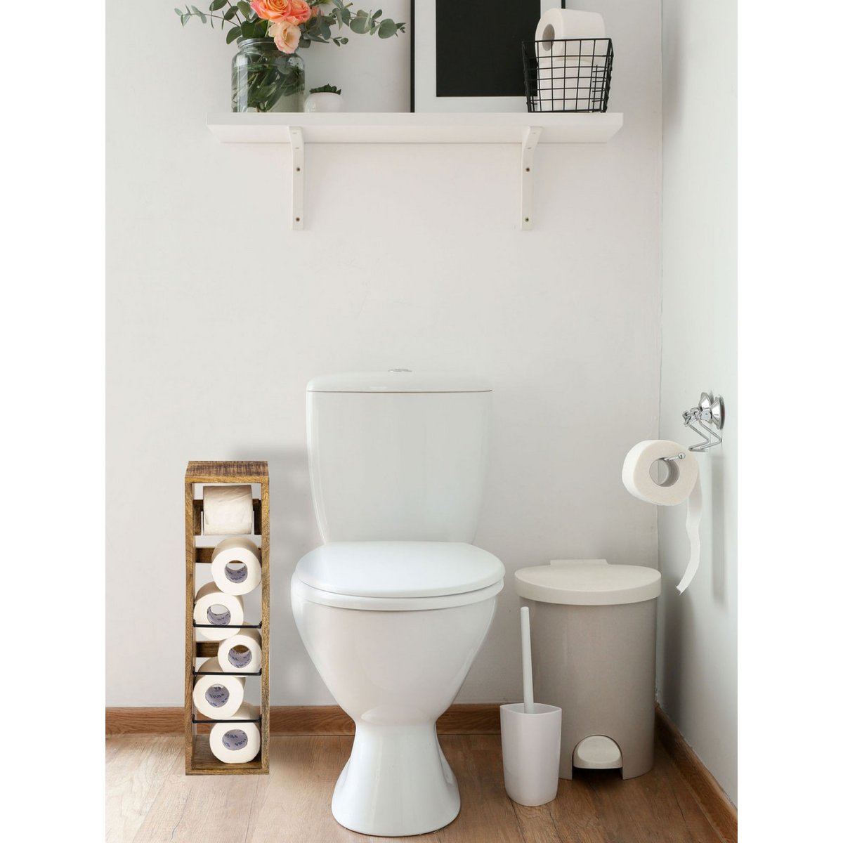 Toiletpapierhouder Toiletpapierhouder hout 17x17 H 65 cm mantelrol houder vierkant mango hout