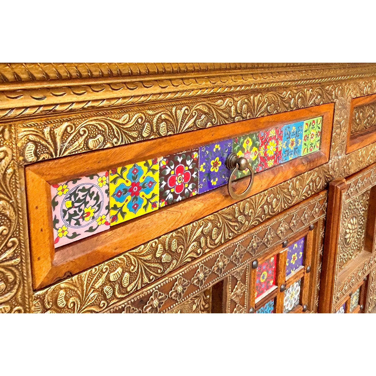 Dressoir, 3 deuren, 3 lades, acacia, metaal, kleurrijk