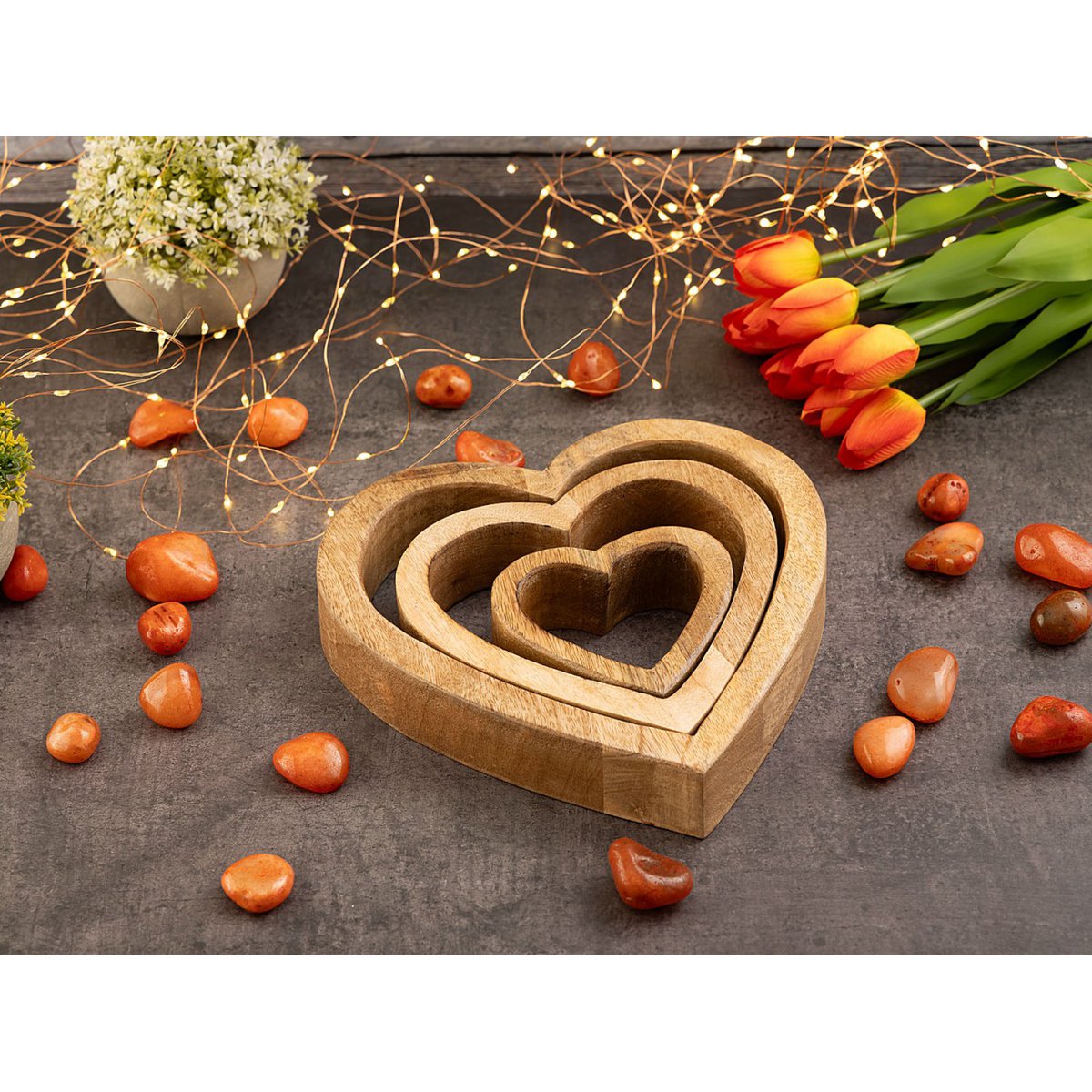 Decofigure Heart 3 Set Wood Figuur 24/18/11 cm bruiloft Decoratie Mango Wood