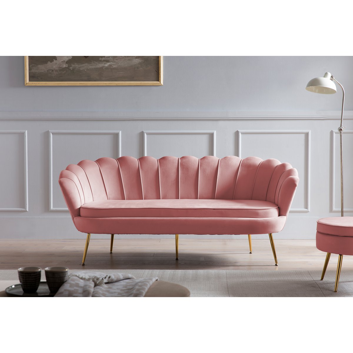 Ronde poef in roze fluweel