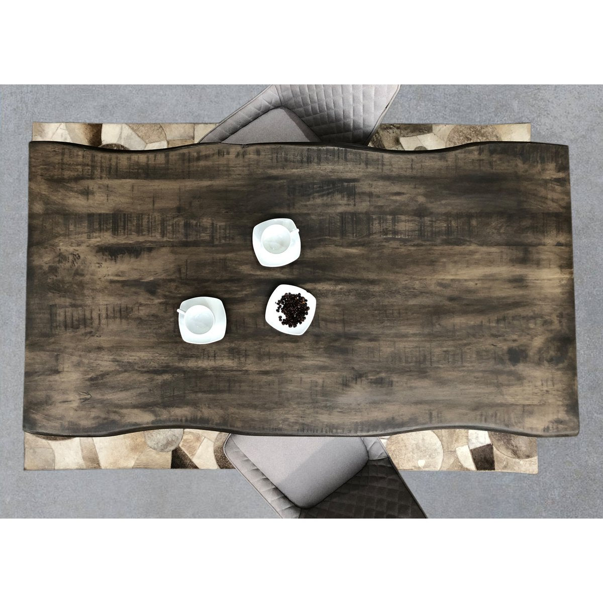 Tafel 160x85 cm, mangogrijs ruwgezaagd, zwart frame
