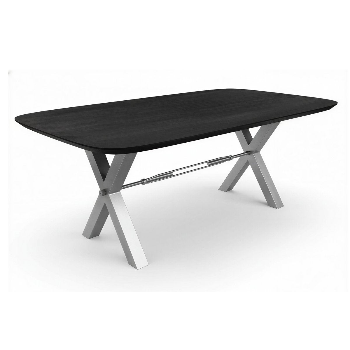 Eettafel 220x100 cm, 30 mm blad Mango zwart, X-stalen frame antiek zilver