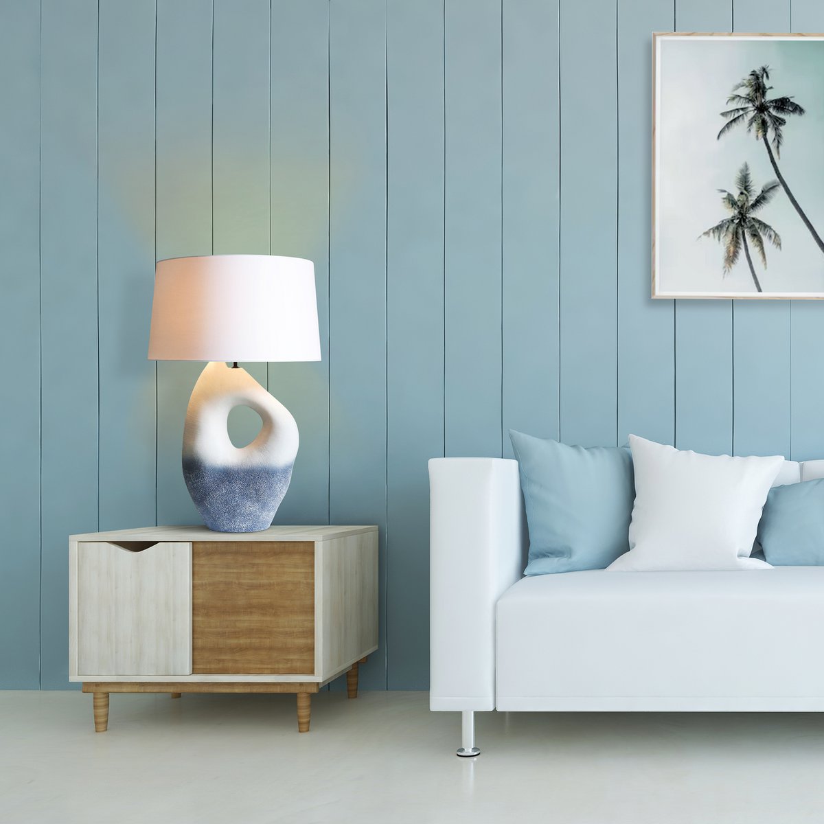 Tafellamp keramiek/linnen blauw/wit