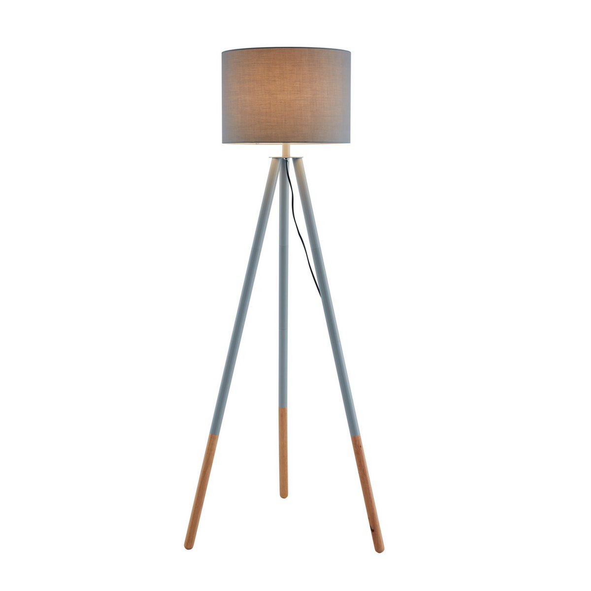 Staande lamp met houten frame en grijs/naturel stoffen kap