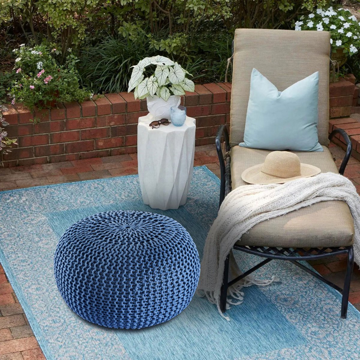 Pouf premium Ø45cm stoel kruk breien pouf in terras pool tuin duurzaam