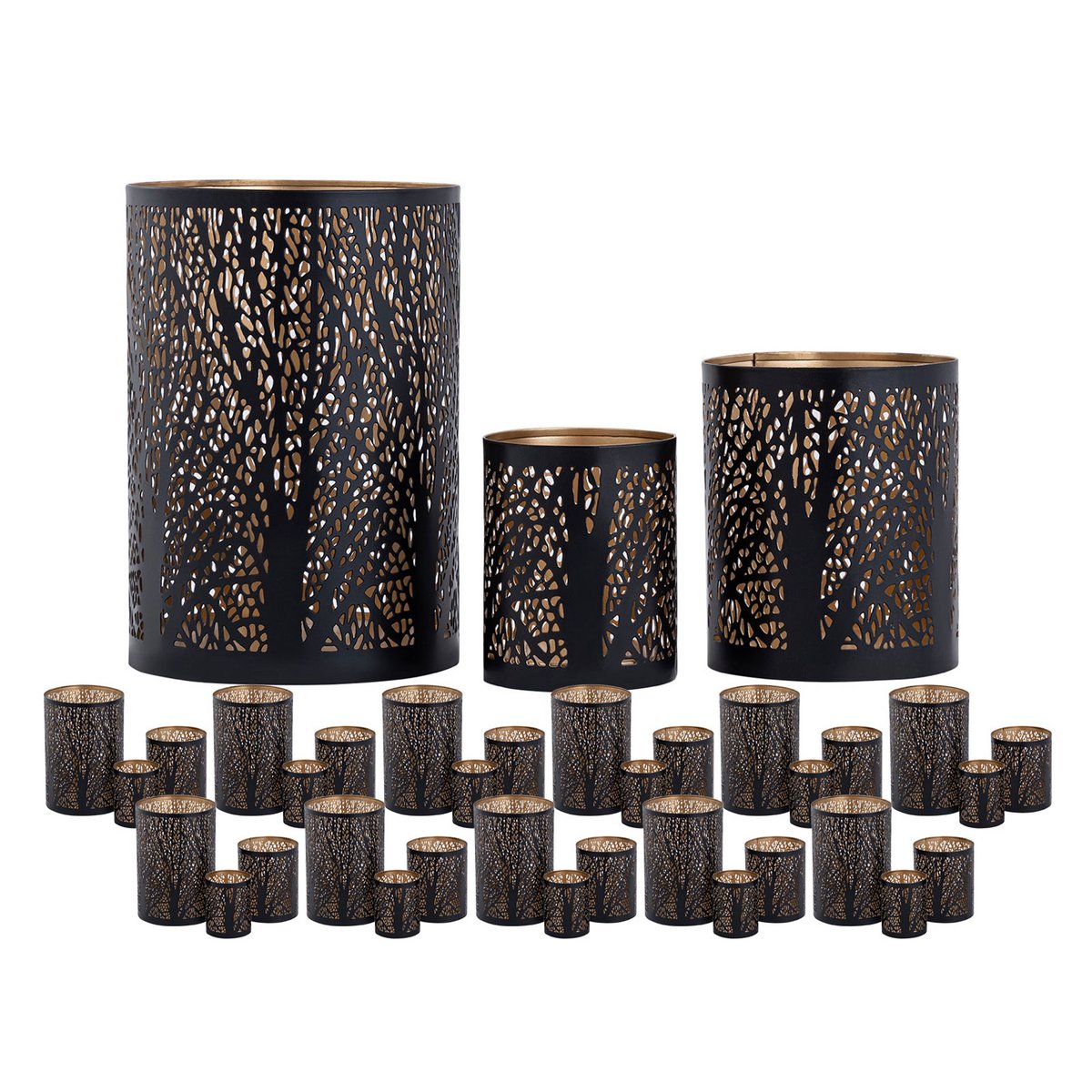 Windlich 3 Set MasterBox 12x 3 -Deel kaarsen Stand Forest Tea Light Holder rond zwart goud