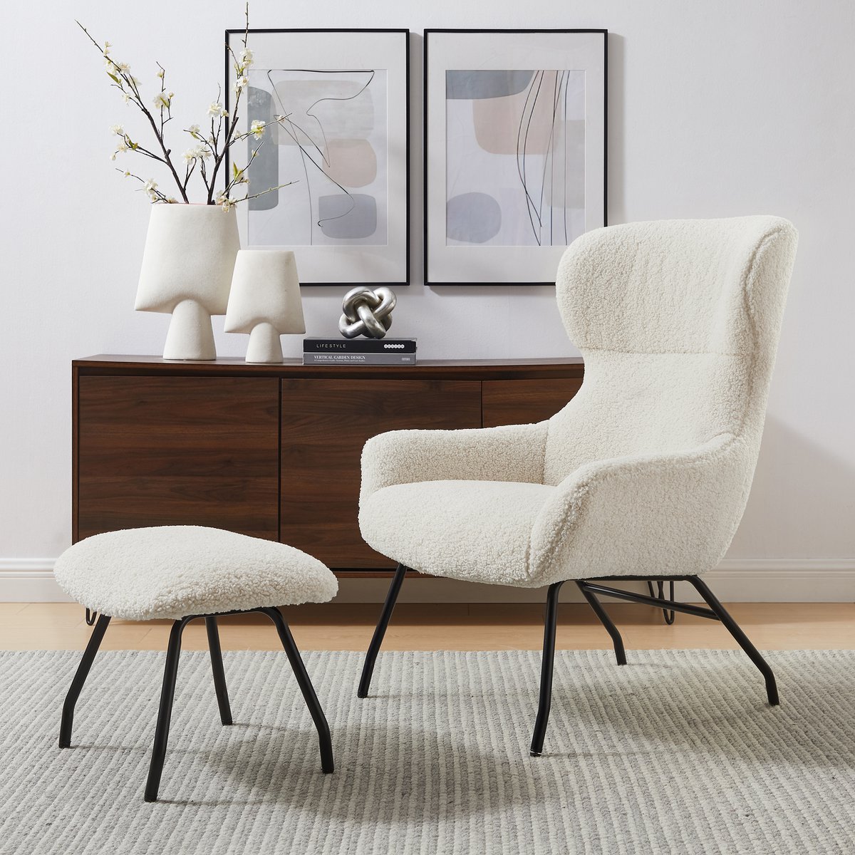 Fauteuil- en krukset teddybont beige